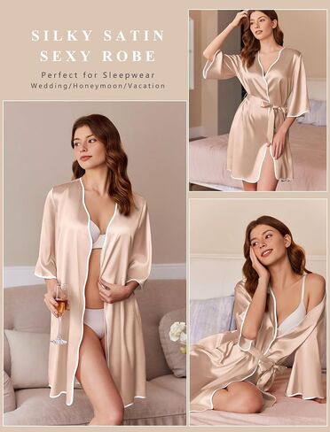 Ekouaer Silk Robes for Women Short Satin Bathrobe Bridal Bridesmaids Robe 3/4 Sleeve Lingerie Nightwear with Pockets S-XXL in Saudi Arabia