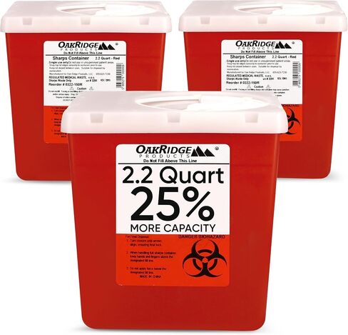 Oakridge Products Transparent Sharps Container for Home Use and Professional 2.2 Quart (3-Pack), Touchless Biohazard Needle and Syringe Disposal, Rotating Lid, CDC Certified in Saudi Arabia