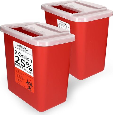 Oakridge Products Large Sharps Container for Home Use and Professional 2 Gallon (3-Pack) with Sliding Top, Biohazard Needle and Syringe Disposal, CDC Certified in Saudi Arabia