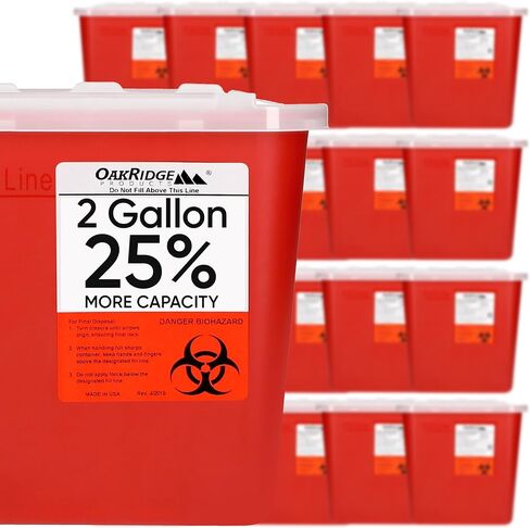 Oakridge Products Large Sharps Container for Home Use and Professional 2 Gallon (3-Pack) with Sliding Top, Biohazard Needle and Syringe Disposal, CDC Certified in Saudi Arabia