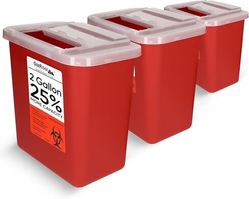 Oakridge Products Large Sharps Container for Home Use and Professional 2 Gallon (3-Pack) with Sliding Top, Biohazard Needle and Syringe Disposal, CDC Certified in Saudi Arabia