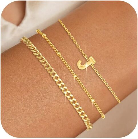 3PCS White Gold Initial Bracelets for Women Dainty 14K Gold Bracelet Stack Letter Link Charm A-Z Monogram Bracelet Anti Tarnish Jewelry Gifts for Women in Saudi Arabia