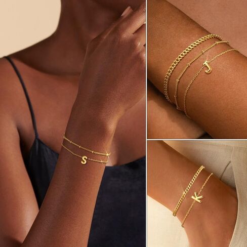 3PCS White Gold Initial Bracelets for Women Dainty 14K Gold Bracelet Stack Letter Link Charm A-Z Monogram Bracelet Anti Tarnish Jewelry Gifts for Women in Saudi Arabia