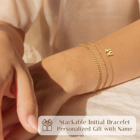 3PCS White Gold Initial Bracelets for Women Dainty 14K Gold Bracelet Stack Letter Link Charm A-Z Monogram Bracelet Anti Tarnish Jewelry Gifts for Women in Saudi Arabia