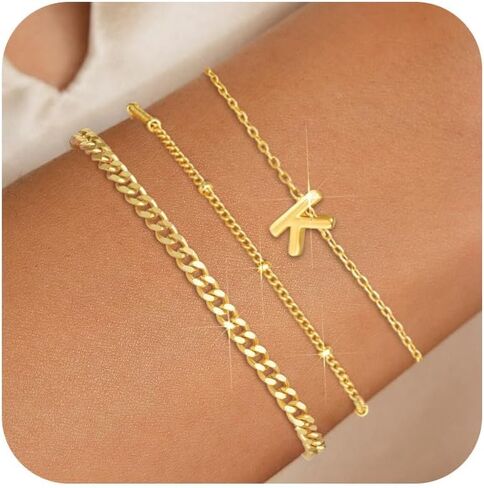 3PCS White Gold Initial Bracelets for Women Dainty 14K Gold Bracelet Stack Letter Link Charm A-Z Monogram Bracelet Anti Tarnish Jewelry Gifts for Women in Saudi Arabia