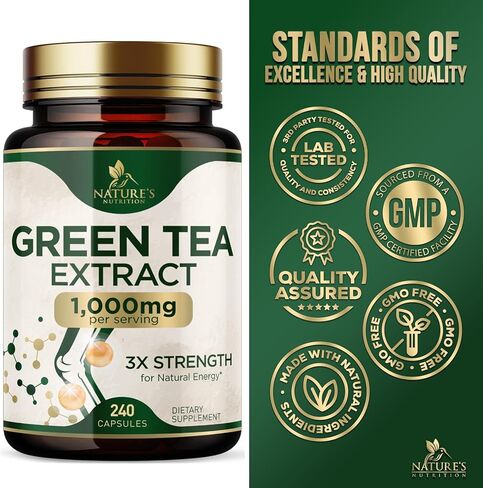 حبوب مستخلص الشاي الأخضر الطبيعي 98% EGCG 1000 مجم - قوة 3 أضعاف للطاقة الطبيعية وتدعم صحة القلب المضادة للأكسدة - مكمل عشبي مع البوليفينول، نباتي، غير معدل وراثيًا - 240 كبسولة in Kuwait