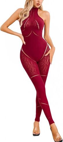 Women's Sexy Halter Sleeveless Seamless Legging Jumpsuit, Hollow Out One Piece Floral Lace Bodysuit Romper Jumpsuits in Saudi Arabia