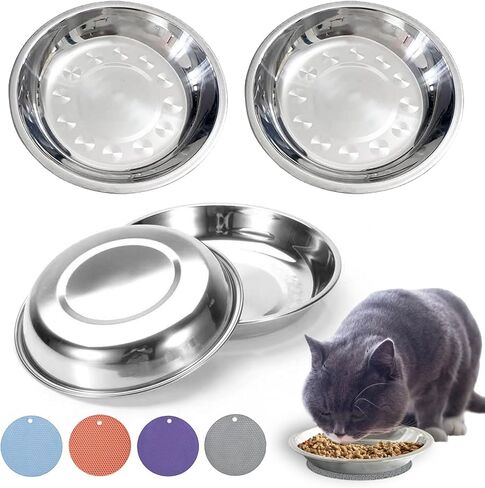 Stainless Steel Cat Feeder, 6.14 inch Wide Shallow Cat Bowls with Whisker Relief, Includes Non-Slip Placemat, Set of 8 for Small Dog & Cat in Kuwait