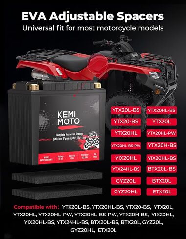 KEMIMOTO Lithium Motorcycle Battery YTX14-BS/YTX9-BS, LiFePO4 Lithium Battery 12v 6Ah, Full-Charged Powersports Battery, with 5 Universal-Fit EVA Spacers, Compatible with Motorcycle Lawn Mower ATV UTV in Saudi Arabia