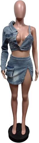 ملابس نسائية من Molilove مكونة من قطعتين من قماش الدنيم بكتف واحد وزر سفلي ومجموعة تنورة صغيرة مقسمة بدلة رياضية صيفية مثيرة in Kuwait