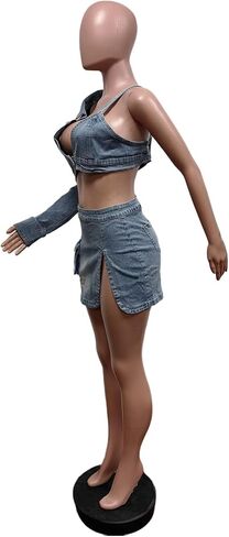 ملابس نسائية من Molilove مكونة من قطعتين من قماش الدنيم بكتف واحد وزر سفلي ومجموعة تنورة صغيرة مقسمة بدلة رياضية صيفية مثيرة in Kuwait