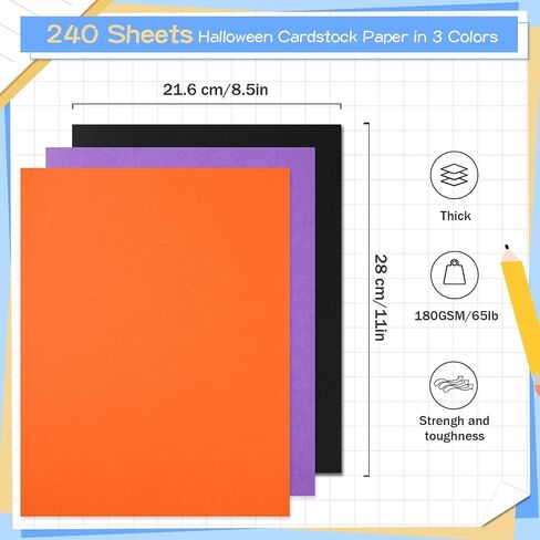240 Sheets Halloween Cardstock 8.5 x 11" Thick Cardstock, 180gsm/65lb Cover, Double Sided Paper Card Stock for Halloween Card Making Arts Crafts Invitations Greeting Gift Tags(Black Orange Purple) in Saudi Arabia