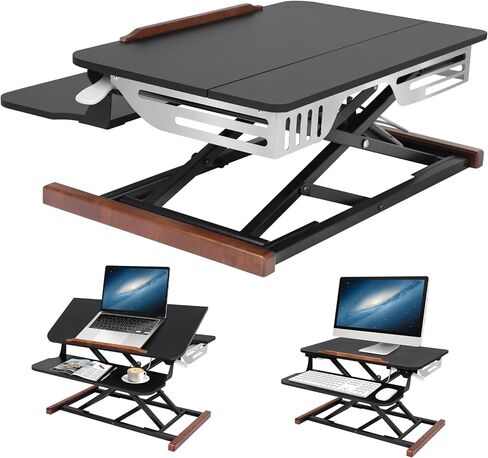 محول مكتب قائم قابل للتعديل بارتفاع 26 بوصة من TooCust مع سطح طاولة قابل للإمالة، وحامل مكتب للجلوس مع صينية لوحة المفاتيح، ورفع كمبيوتر صغير مع غطاء جانبي أنيق وقضبان خشبية in Kuwait