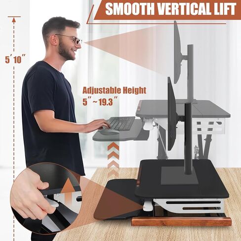 محول مكتب قائم قابل للتعديل بارتفاع 26 بوصة من TooCust مع سطح طاولة قابل للإمالة، وحامل مكتب للجلوس مع صينية لوحة المفاتيح، ورفع كمبيوتر صغير مع غطاء جانبي أنيق وقضبان خشبية in Kuwait