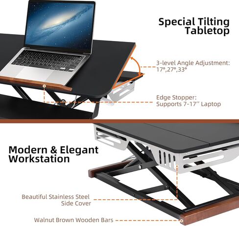 محول مكتب قائم قابل للتعديل بارتفاع 26 بوصة من TooCust مع سطح طاولة قابل للإمالة، وحامل مكتب للجلوس مع صينية لوحة المفاتيح، ورفع كمبيوتر صغير مع غطاء جانبي أنيق وقضبان خشبية in Kuwait