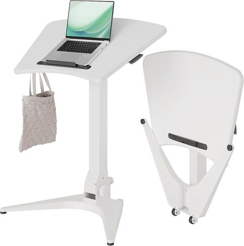 Mobile Standing Desk, Small Rolling Standing Desk, Pneumatic Height Adjustable Sit-Stand Desk with 90° Tiltable, Portable Mobile Workstation, with Non-Slip Computer Stand, White in Kuwait