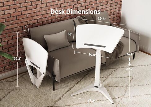 Mobile Standing Desk, Small Rolling Standing Desk, Pneumatic Height Adjustable Sit-Stand Desk with 90° Tiltable, Portable Mobile Workstation, with Non-Slip Computer Stand, White in Kuwait