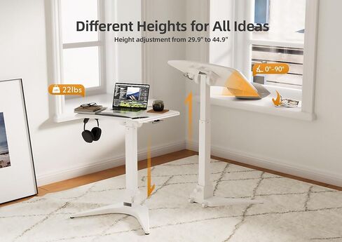 Mobile Standing Desk, Small Rolling Standing Desk, Pneumatic Height Adjustable Sit-Stand Desk with 90° Tiltable, Portable Mobile Workstation, with Non-Slip Computer Stand, White in Kuwait