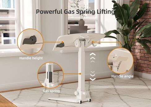 Mobile Standing Desk, Small Rolling Standing Desk, Pneumatic Height Adjustable Sit-Stand Desk with 90° Tiltable, Portable Mobile Workstation, with Non-Slip Computer Stand, White in Kuwait