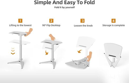 Mobile Standing Desk, Small Rolling Standing Desk, Pneumatic Height Adjustable Sit-Stand Desk with 90° Tiltable, Portable Mobile Workstation, with Non-Slip Computer Stand, White in Kuwait