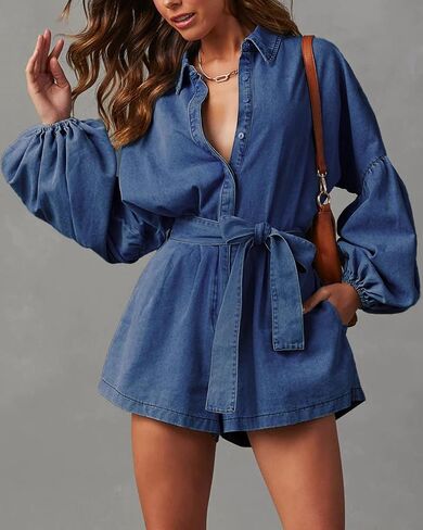 Lantern Long Sleeve Denim Romper for Women Elastic Waist Tie Front Jean Jumpsuit Short Playsuits in Saudi Arabia