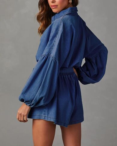 Lantern Long Sleeve Denim Romper for Women Elastic Waist Tie Front Jean Jumpsuit Short Playsuits in Saudi Arabia