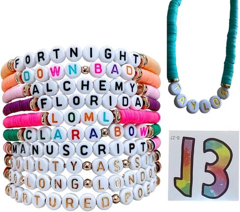 Taylor Inspired Eras & Tortured Department Bracelets & Necklace Sets with Temporary Number 13 Tattoo | Taylor New Album Inspired Bracelets, Eras Bracelets, Poets Department, Taylor birthday, Taylor party, Taylor party favors, Taylor goodie bags in Saudi Arabia