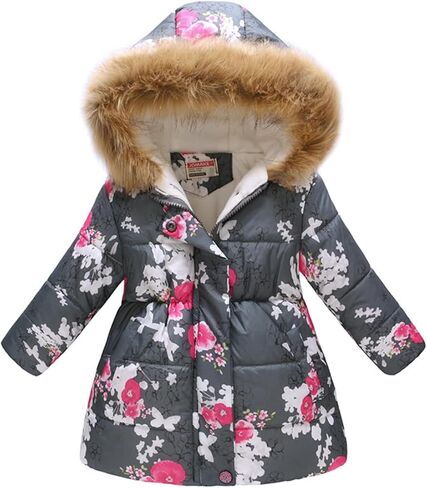 Girl Winter Dress Coats Faux Fur Hood Fleece Jacket Warm Waterproof Floral Parka in Saudi Arabia