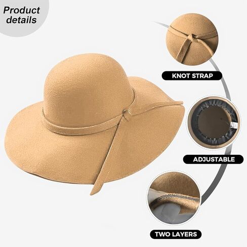 قبعة مرنة كلاسيكية قابلة للطي بحافة واسعة للنساء، قبعة فيدورا من الصوف الدافئ قبعة مرنة للشاطئ قابلة للطي للكبار 57 سم الجمل in Kuwait