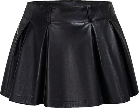 SweatyRocks Women's PU Leather A Line Mini Skirt Flared Hem Pleated Skirts with Shorts in Saudi Arabia