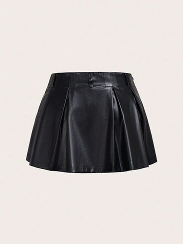 SweatyRocks Women's PU Leather A Line Mini Skirt Flared Hem Pleated Skirts with Shorts in Saudi Arabia