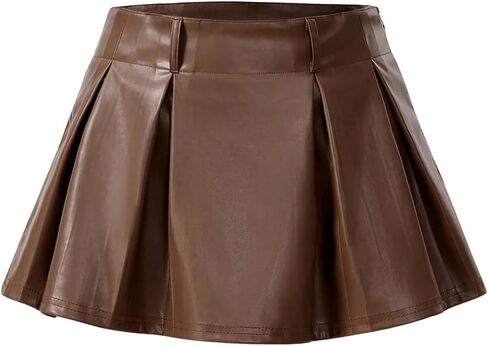 SweatyRocks Women's PU Leather A Line Mini Skirt Flared Hem Pleated Skirts with Shorts in Saudi Arabia