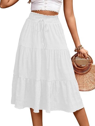 HELYO Women's Casual Summer Skirts Boho High Elastic Waisted Flowy Drawstring Ruched A Line Tiered Midi Dress Skirt in Saudi Arabia