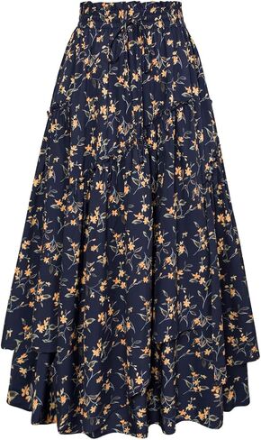 Scarlet Darkness Women Floral Print Boho Skirt Elastic High Waist Long Maxi Skirts with Pockets in Kuwait