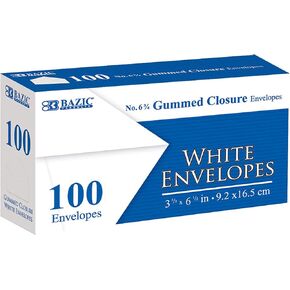 BAZIC White Envelope #6 3/4 Gummed Seal 3 5/8 x 6 1/2, No Window Mailing Envelopes, for Businesses Checks Invoices (100/Pack), 1-Pack