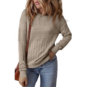 SHEWIN Sweaters for Women Casual Crew Neck Long Sleeve Crochet Pullover Tops Sweater