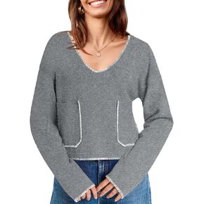 Saodimallsu Womens Cropped V Neck Sweater 2024 Fall Trendy Long Sleeve Loose Knit Pullover Crop Top Sweaters