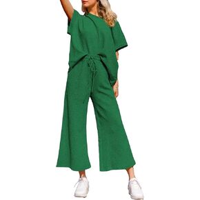 Women 2 Piece Outfits Sweatsuits Summer Lounge Set Casual Short Sleeve Pullover Tops And Drawstring Wide Leg Pants