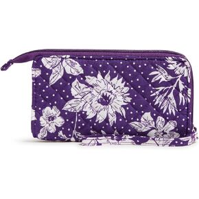 Vera Bradley Cotton Collegiate Front Zip Wristlet with RFID Protection (Multiple Teams Available), Purple/White Rain Garden