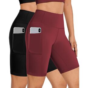 2/3 Pack Biker Shorts Women Tummy Control with Pocket 8" High Waisted Yoga Running Workout Spandex Compression Shorts