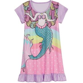 HenzWorld Girls Nightgown Short Sleeve Nightdress Unicorn Mermaid Cat Printed Casual Pajamas Kids Girls Sleepwear 3-10 Years