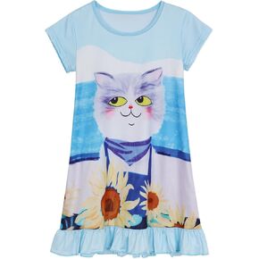 HenzWorld Girls Nightgown Short Sleeve Nightdress Unicorn Mermaid Cat Printed Casual Pajamas Kids Girls Sleepwear 3-10 Years