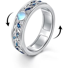 Moonstone Fidget Anxiety Rings 925 Sterling Silver Leaf Ring for Women Worry Vine Spinner Rings Anti Stress Mood Rings Gifts Band Wide 6-10#