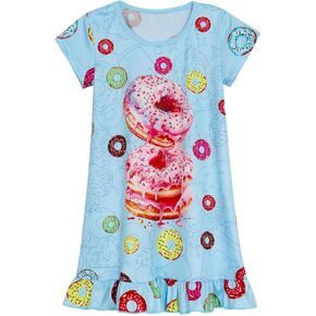 HenzWorld Girls Nightgown Short Sleeve Sleepwear Nightshirt Cute Printed Pajamas Toddler Kids Night Dress Nightie 3-10 Years