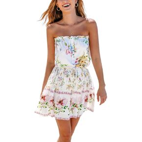 CUPSHE Women's Mini Dress Strapless Ruffled Sleeveless Floral Belted A Line Short Beach Summer Dress 2024