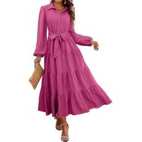 dowerme Women's Fall Dresses 2024 Long Sleeve V Neck Button Down Belted A-Line Flowy Ruffle Maxi Shirt Dress with Pocket