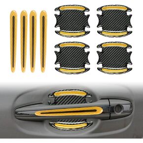 8pcs Car Door Handle Paint Scratch Protector Sticker, Universal 3D Carbon Fiber Auto Door Handle Scratch Cover Guard, Protective Film Pad with Safety Reflective Strips(Red)