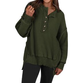 Zenlonr Women's Long Sleeve Sweater 2024 Casual Crew Neck Button Down Knitted Loose Slouchy Jumper Tops