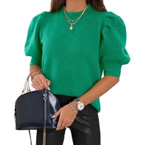 Womens Puff Short Sleeve Sweaters Tops Crew Neck Trendy Casual Knit Comfy Loose Fall Sweater Jumper Outfits