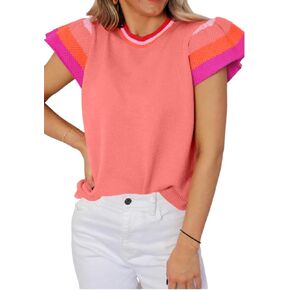 KevaMolly Womens Short Sleeve Sweaters Contrast Flutter Sleeves Knitted Sweater T Shirt Casual Pullover Tops